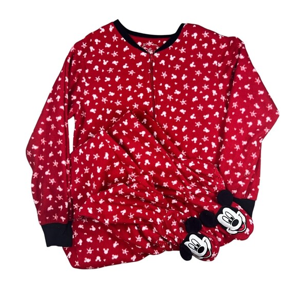 Disney Mickey Mouse Footed Pajamas  Adult L  Red & White Fleece One-Piece - Picture 1 of 6